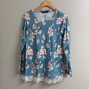 Sanifer Blue Floral Long Sleeve Lace Hem Top Womens Medium